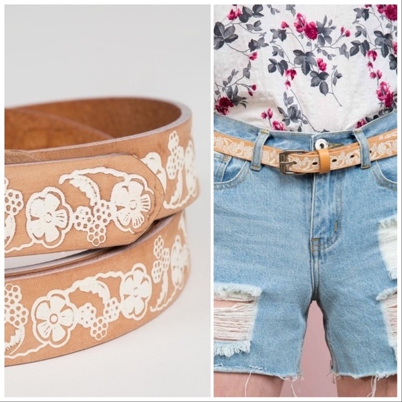 Embossed Flower & Leaf Low Waist Leather Belt - Picture 6 of 10